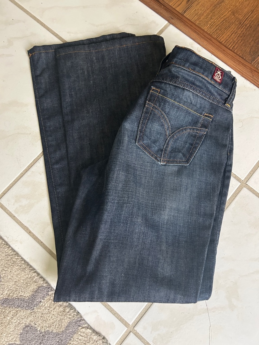 Dark Wash Straight Leg Jeans with Red Logo Patch
